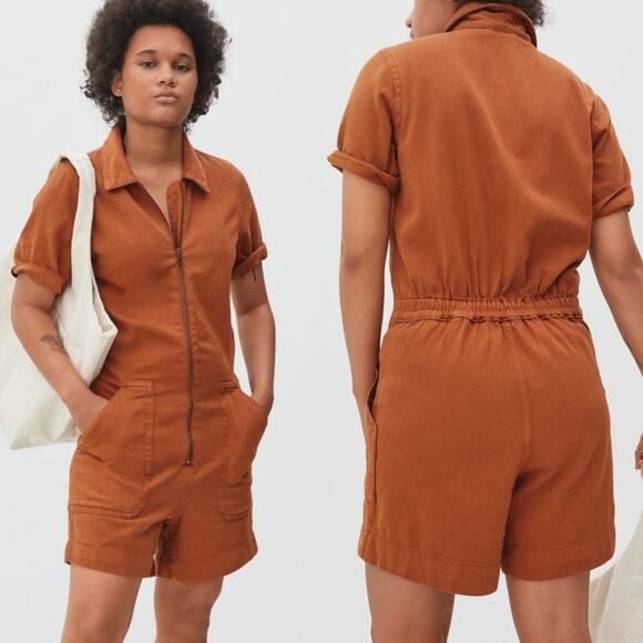 EVERLANE The Denim Short Zip Front Coverall Romper Jumpsuit Rust Brown Size M/L - Picture 1 of 12